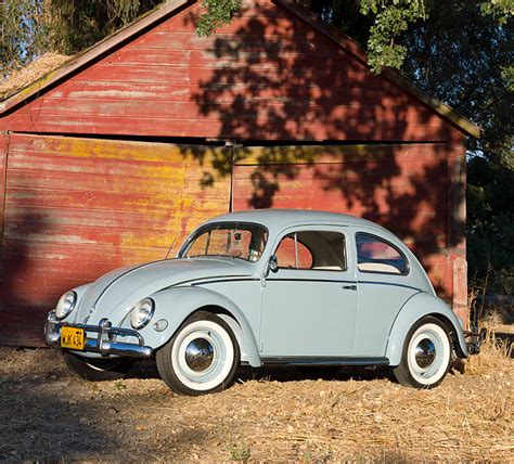 1957 Volkswagen Beetle Light Blue 34 Side View On Dirt By Barn