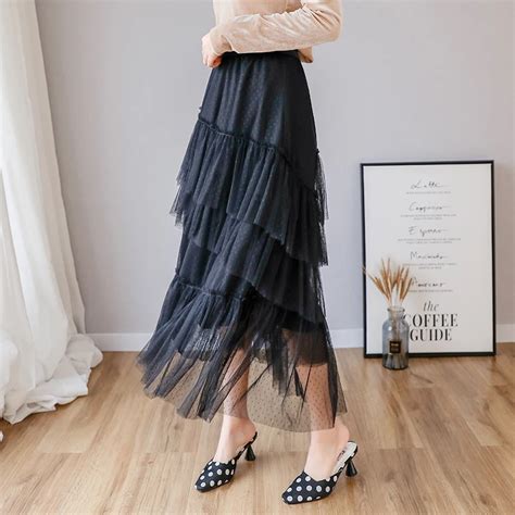 Bgteever 2019 Tulle Skirts Womens Ruffles Ruched Elastic Waist Mesh