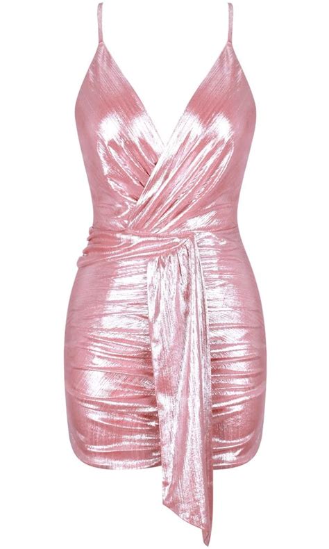 Ruched Metallic Mini Dress Pink Free Express Shipping Worldwide