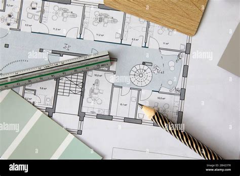 Ruler And Pencil Lying On Architectural Blueprint Stock Photo Alamy