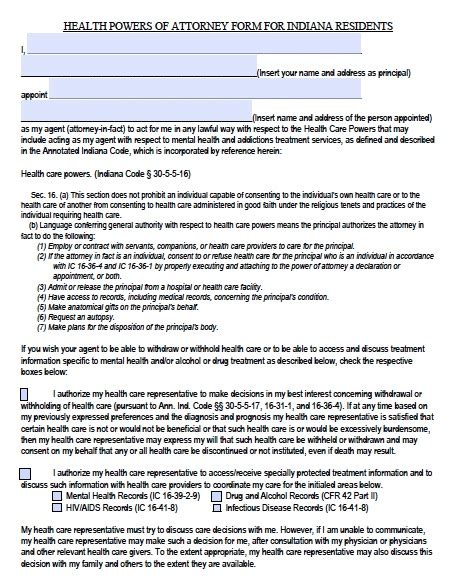 Free Indiana Medical Power Of Attorney Form Pdf Template