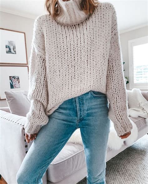 Chunky Knit Sweater High Waisted Jeans Fashion Clothes Sweaters
