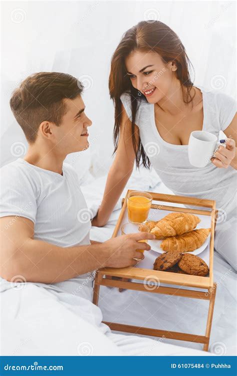 Couple Having Breakfast In Bed Stock Photo Image Of Romantic Leisure