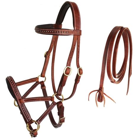 Horse Western Leather Tack Studded Bitless Sidepull Bridle Reins Brown