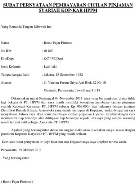 Dan juga menyatakan kesanggupan untuk menyelesaikan pembayaran dan juga segala resiko yang timbul. 17 Contoh Surat Pernyataan Pembayaran Cicilan Hutang Doc ...