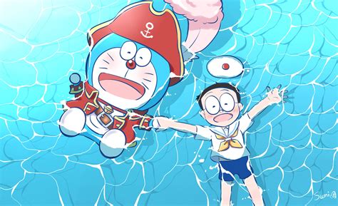 Download Cute Doraemon Swimming With Nobita Wallpaper