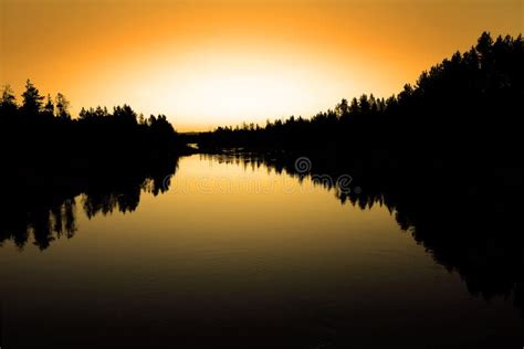 Sunrise Or Sunset On River With Forest Of Pine Trees Stock Image