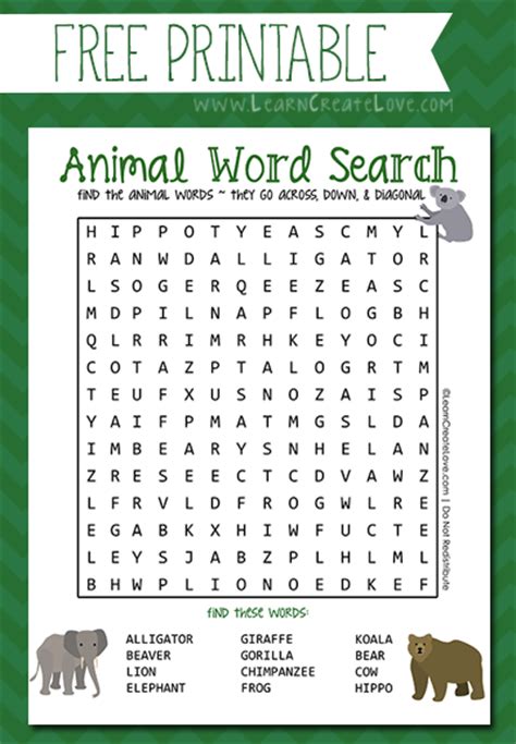 Free Animal Word Search Printable Homeschool Giveaways