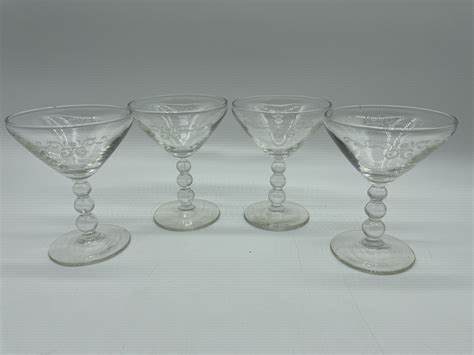 Vintage Etched Glass Candlewick Ball Stem Sherry Glasses