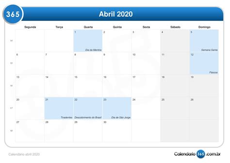 Calendário Abril 2020