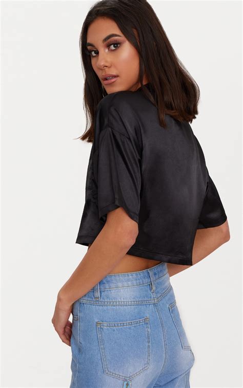 Black Satin Short Sleeve Crop Shirt Tops Prettylittlething