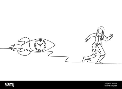 Single one line drawing of young business woman chased by flying rocket