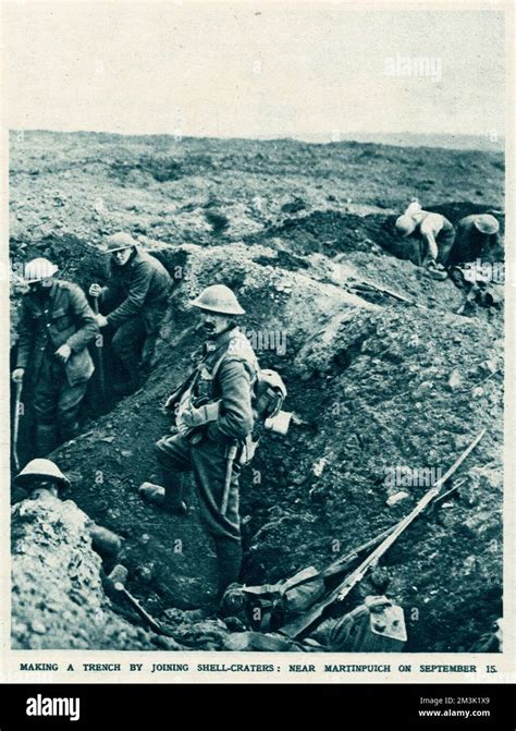 British Soldiers Digging A Trench By Linking Craters Left By Artillery