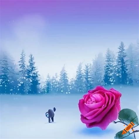 Serene Winter Scene With Snow Covered Roses Tall Trees And A Cat On