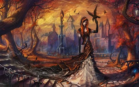 Fantasy Dark Gothic Witch Women Females Girls Raven Crow Birds Artistic