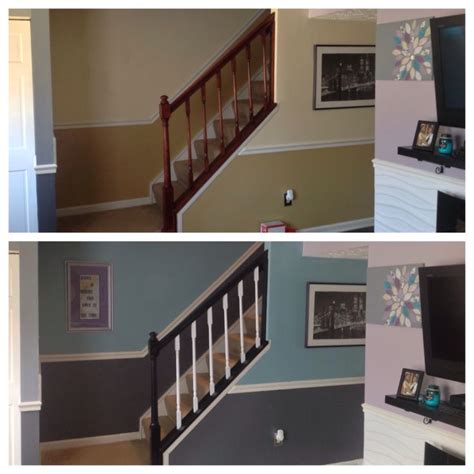 Some decorators paint one color on the wall above and another on the wall below the chair rail. Refreshed hall and banister! Wall colors by Behr: Gulf ...