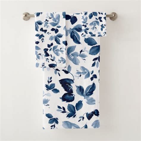 Navy Blue Floral Watercolor Bath Towel Zazzleca