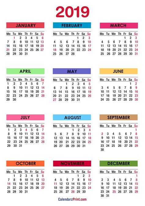 2019 Calendar With Holidays Printable Free Colorful Monday Start