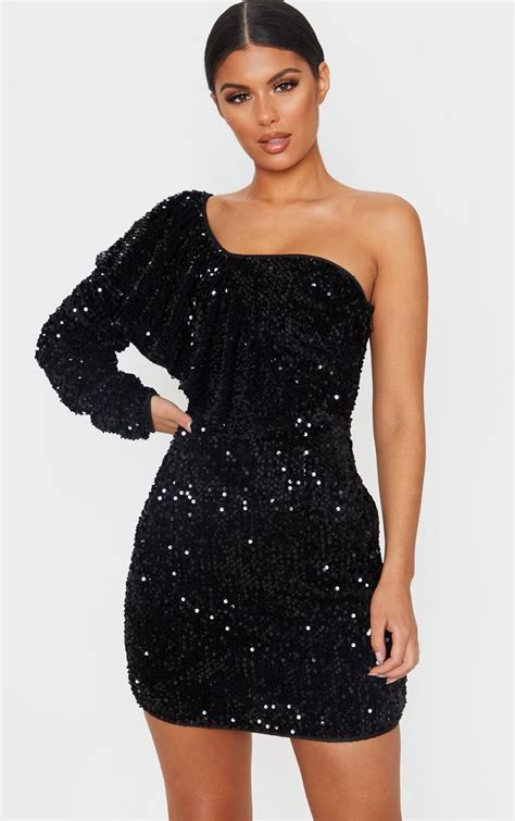 Black Sequin One Shoulder Ruffle Bodycon Dress Prettylittlething Ie