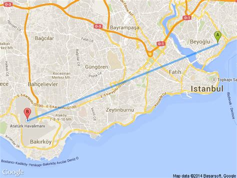 Taksim Meydan İstanbul Atatürk Hava Limanı İstanbul arası mesafe
