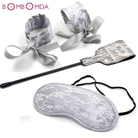 4pcs Set Silver Sexy Lace Mask Handcuffs Whip Racket Sex Toys For Couples Adult Games Blind Fold