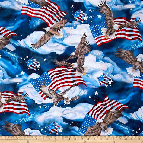 Blue Eagles And American Flag Patriotic Cotton Fabric By The Yard Made