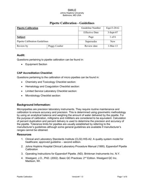 Pipette Calibration Worksheet