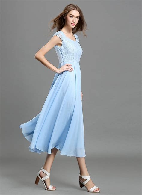 Light Blue Lace Chiffon Midi Dress With Sweetheart Neck And Layered Cap