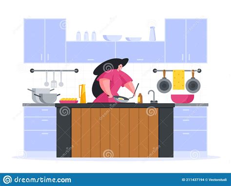 Chef Preparing Lunch Order In Cafe Vector Cartoon Illustration Female Character In Red Uniform