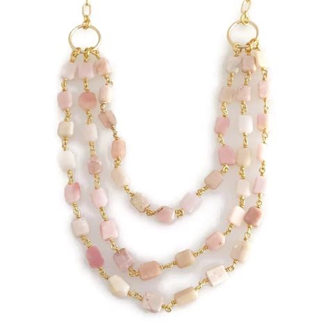 Statement Necklace S With Three Tiers Of Pink Opal Nuggets On K Gold