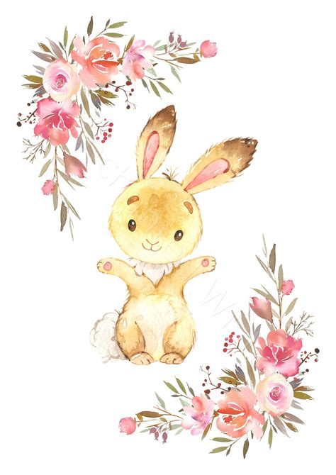 Floral Bunny Rabbit Print Set Cute Bunny Nursery Prints
