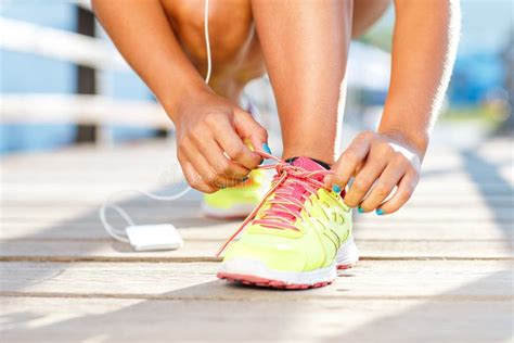 Running Shoes Woman Tying Shoe Laces Stock Image Image Of Outdoors