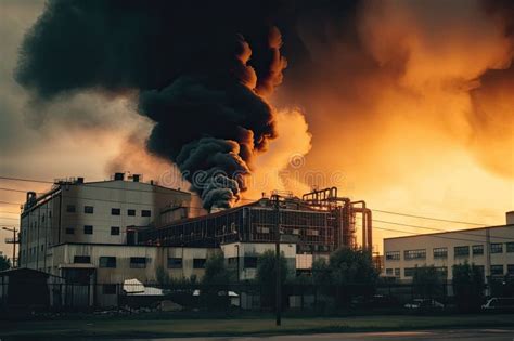 Chemical Factory With Smoke And Flames Billowing From Its Smokestacks