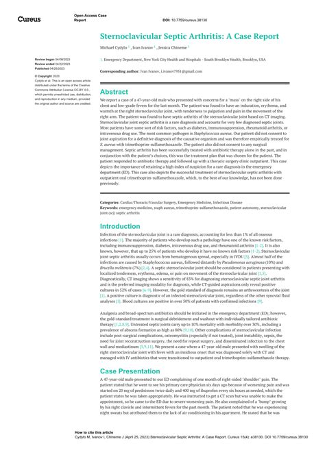PDF Sternoclavicular Septic Arthritis A Case Report