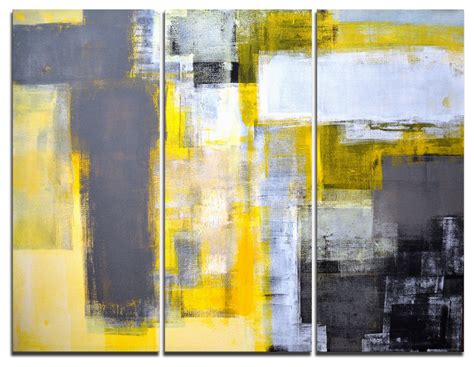 Grey And Yellow Blur Abstract Canvas Art Print 3 Panels 36x28