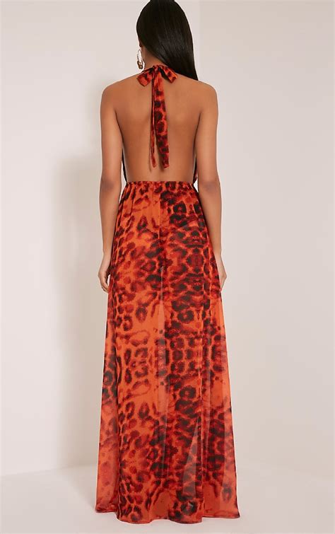 Alina Orange Leopard Print Plunge Maxi Dress Prettylittlething Usa