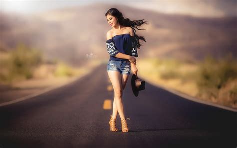 Wallpaper Women Model Road Photography Dress Blue Jean Shorts Fashion Spring Girl