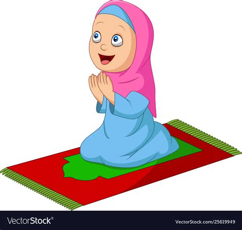 Cartoon Muslim Girl Praying On Prayer Rug Vector Image