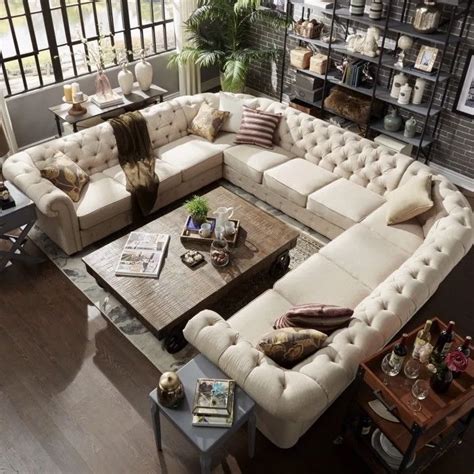 Sectional Sofa Beige Tufted U Shape Seats 11 Scroll Arm Living Room