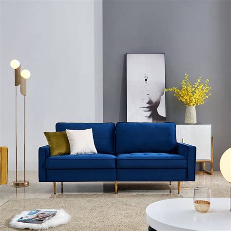 Mid Century Modern Couch, High End Velvet Fabric Contemporary Sofa Sets with Metal Legs ...