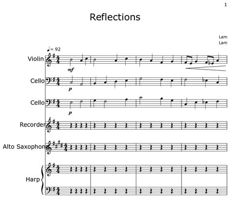 Reflections Sheet Music For Violin Cello Recorder Alto Saxophone Harp