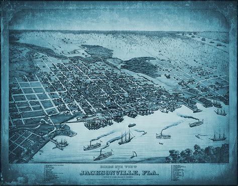 Jacksonville Florida Vintage Historical Map Birds Eye View 1876 Blue