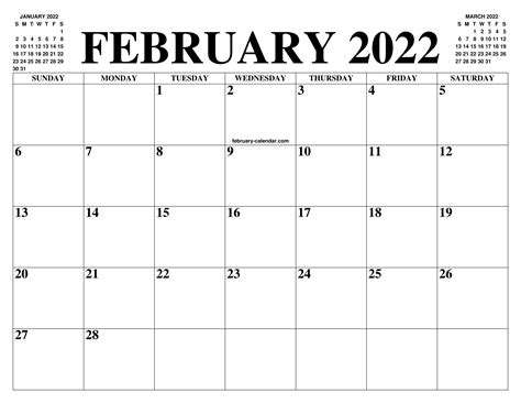 February 2022 2023 Calendar Of The Month Free Printable February
