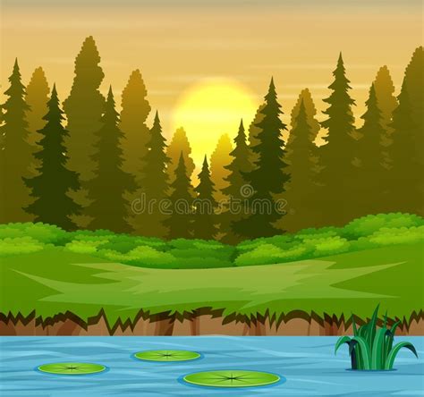River In The Forest And Silhouettes Background Stock Vector