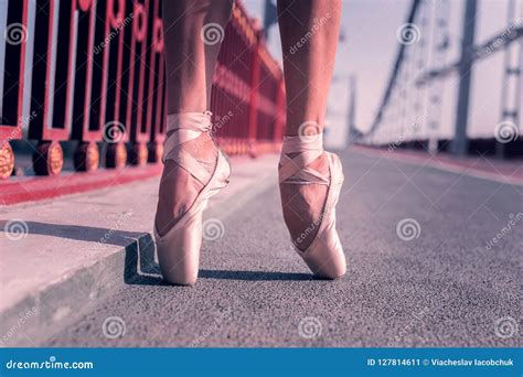 Close Up Of Pointe Shoes Being Worn By Ballerina Stock Image Image Of