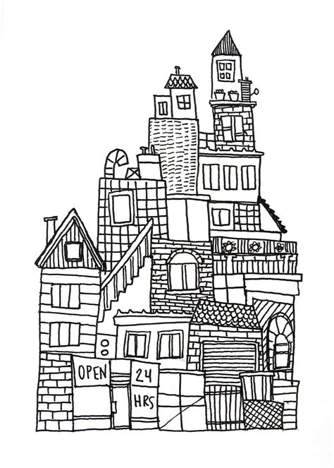 original ink drawing on paper black and white urban city