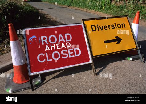 Road Closed And Diversion Sign During Roadworks On Road In Leeds