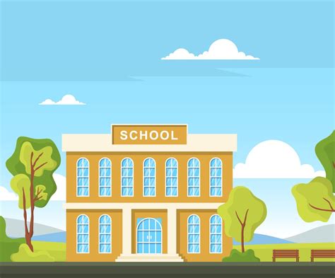 School Education Building Outdoor Landscape Cartoon Illustration