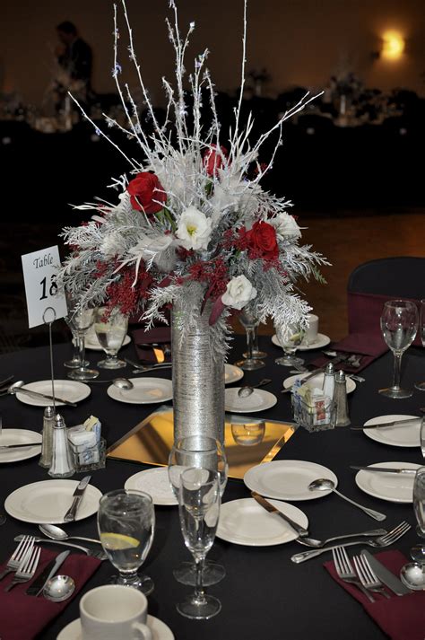 Tall Silver And Red Reception Centerpiece