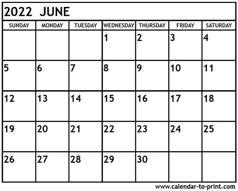June 2022 Calendar Printable Pdf